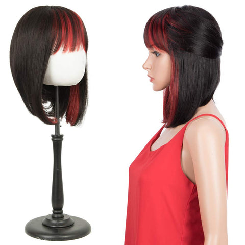 Image of Rebecca Fashion Short Human Hair Bob Wigs With Bangs Ombre Black With Red Color Dying Hair Behind Ear Wigs 10 inch