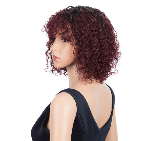 Image of Rebecca Fashion Short Curly Wigs with Bangs Kinky Curly Wigs for Black Women 14 Inch Remy Ombre Wine Red Wig