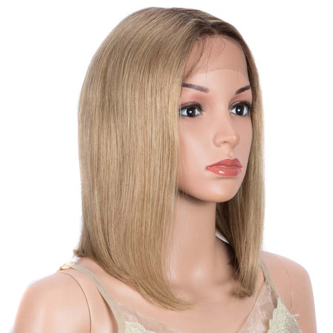 Image of Rebecca Fashion Brown Blonde Highlights Bob Wig 12 Inch Part Lace Human Hair Wig