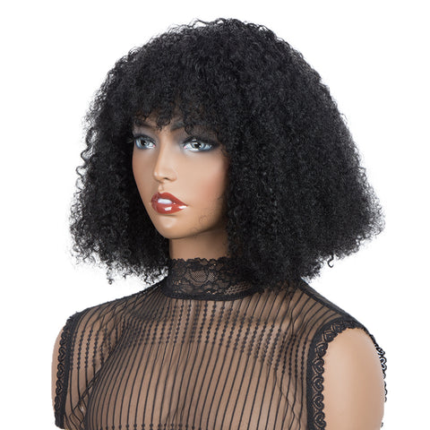 Image of Rebecca Fashion Virgin Human Hair Wigs with Bangs Kinky Curly Wigs for Black Women Natural Black color