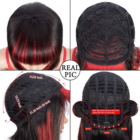 Image of Rebecca Fashion Short Human Hair Bob Wigs With Bangs Ombre Black With Red Color Dying Hair Behind Ear Wigs 10 inch