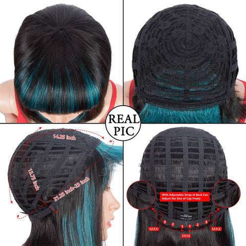Image of Rebecca Fashion Short Human Hair Bob Wigs With Bangs Ombre Black With Cyan-Blue Color Dying Hair Behind Ear Wigs 10 inch