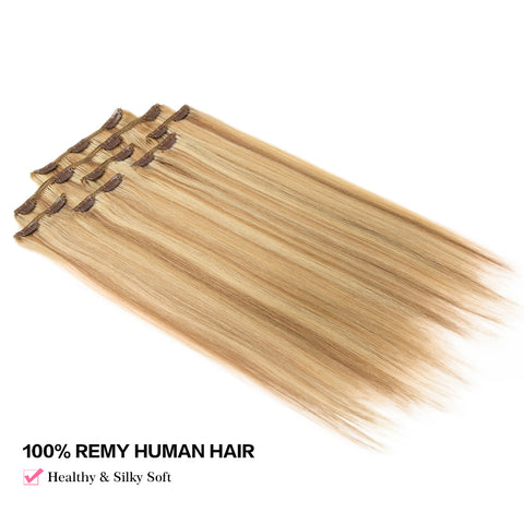 Image of Rebecca Fashion Remy Clip In Human Hair Extensions Straight Clip on Human Hair Piano Blonde Color 7 Pcs