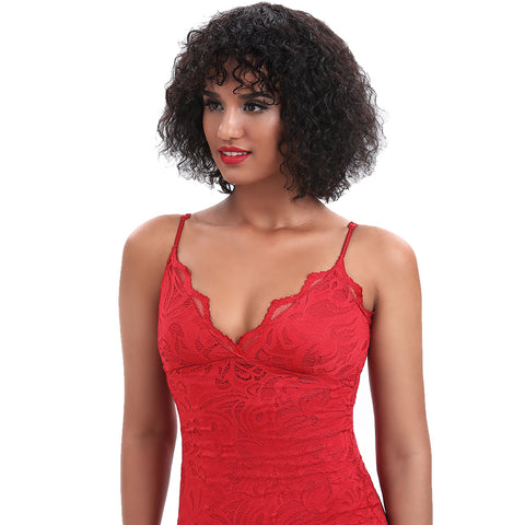 Image of Rebecca Fashion Short Curly Wigs with Bangs Kinky Curly Wigs for Black Women 14 Inch Virgin Remy Natural Black Wig Can Be Restyled