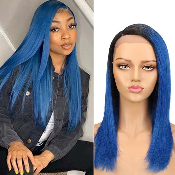 Ombre Blue Wigs Straight Human Hair Lace Wig 18 Inch Side Part