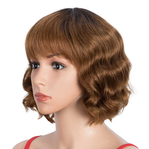 Image of Rebecca Fashion Short Deep Wave Wig Ombre Brown Wigs With Bangs 130% Density
