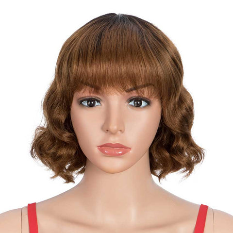 Image of Rebecca Fashion Short Deep Wave Wig Ombre Brown Wigs With Bangs 130% Density
