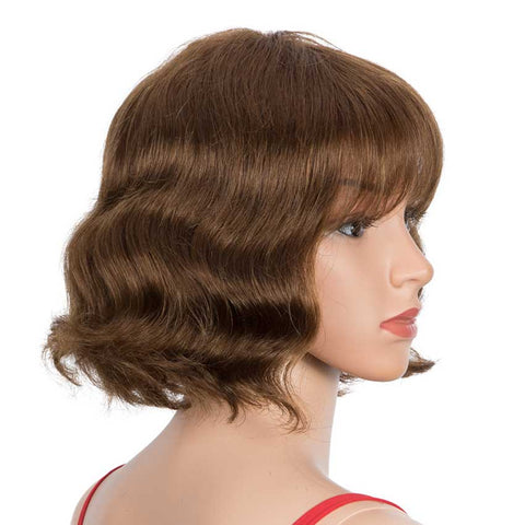 Image of Rebecca Fashion Wavy Wig Bob 9 inch Human Hair Short Brown Wigs With Bangs
