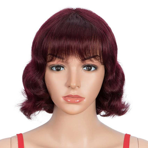 Image of Rebecca Fashion Wine Red Short Wavy Wig Human Hair 9 inch 99J Wigs With Bangs