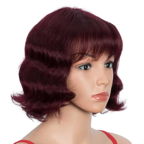 Image of Rebecca Fashion Wine Red Short Wavy Wig Human Hair 9 inch 99J Wigs With Bangs