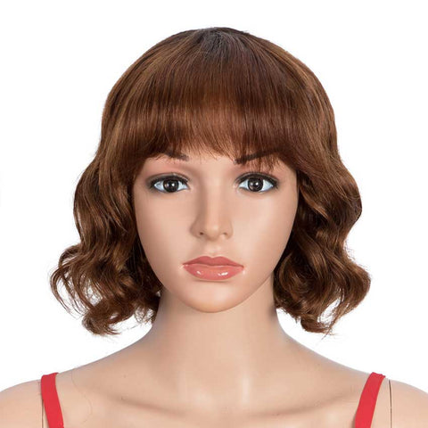 Image of Rebecca Fashion Deep Wavy Bob Wigs With Bangs Human Hair 9 Inch Brown Short Wig
