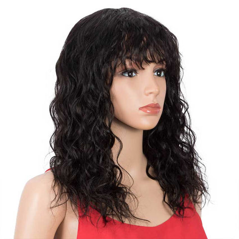 Image of Rebecca Fashion 16 inch Natural Black Curly Wavy Human Hair Wigs With Bangs
