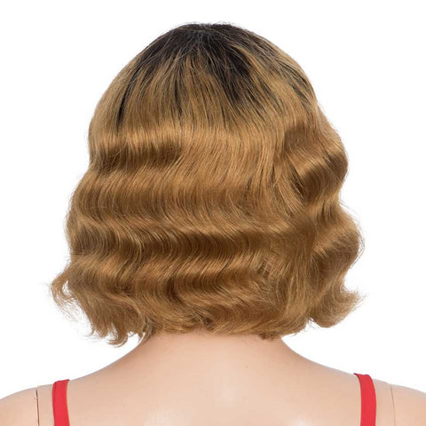 Image of Rebecca Fashion Short Deep Wavy Human Hair Wig With Bangs Black Roots Ombre Wig