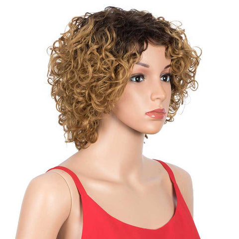 Image of Rebecca Fashion Short Bouncy Curly Wigs Human Hair for Women Cute Human Hair Bob Wigs Ombre Burgunry blonde Wigs