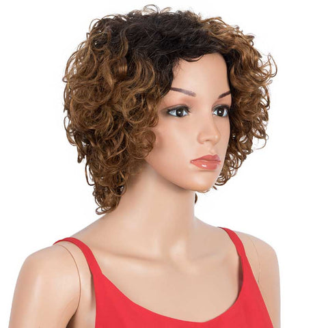 Image of Rebecca Fashion Short Bouncy Curly Wigs Human Hair for Women Cute Human Hair Bob Wigs Ombre Burgunry blonde Wigs
