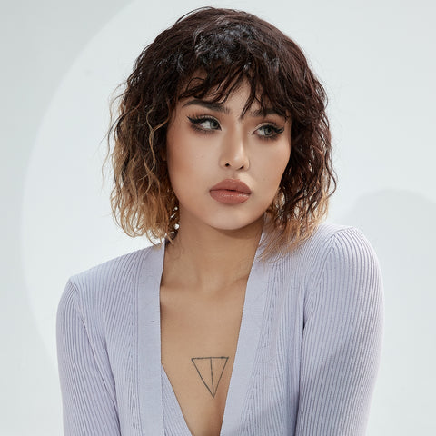 Image of Rebecca Fashion Short Curly Wavy Human Hair Bob Wigs with Bangs for Black Women 100% Human Hair Wigs with Bangs Ombre Brown to Blonde Color