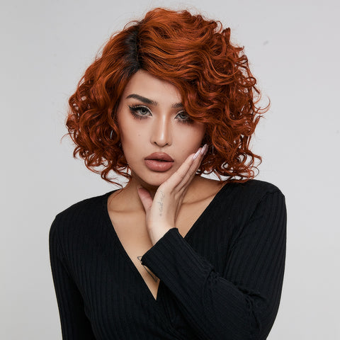 Image of Rebecca Fashion Short Wavy Lace Front Wigs Ginger Wig Human Hair Side Lace Part Wavy Bob Wigs for Women Orange Color