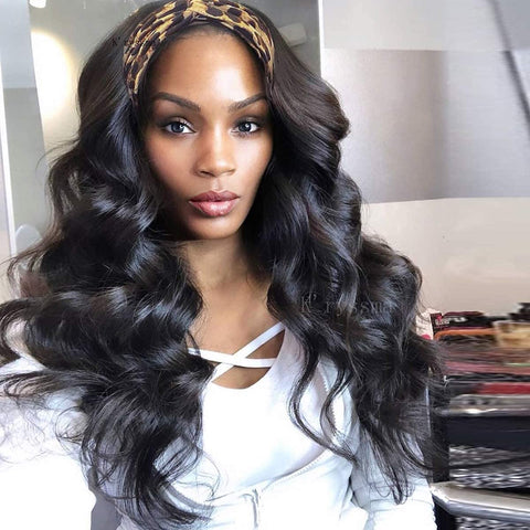 Image of REBECCA FASHION Remy Human Hair Headband Wig Body Wave Headwrap Wig Natural Color