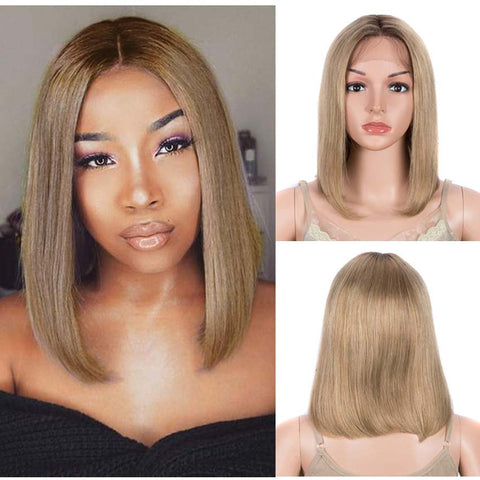 Image of Rebecca Fashion Brown Blonde Highlights Bob Wig 12 Inch Part Lace Human Hair Wig