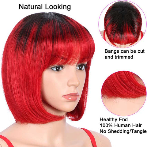 Image of Rebecca Fashion Basic Cap Straight Bob Wigs Ombre Short Wigs With Bangs TT1B/RED