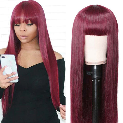 Rebecca Fashion Burgundy Red Straight Human Hair Wigs With Bangs Basic Cap Wigs