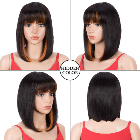 Image of Rebecca Fashion Short Human Hair Bob Wigs With Bangs Ombre Black With Orange Color Dying Hair Behind Ear Wigs 10 inch