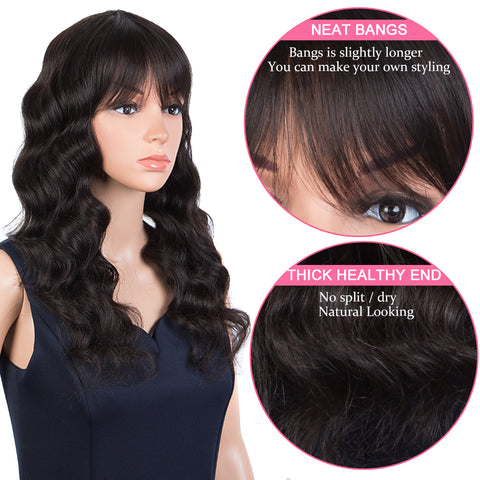 Image of Rebecca Fashion Body Wave Human Hair Wigs with Bangs 100% High-quality Human Hair Wig with Bangs for Black Women 130% Density Natural Black color