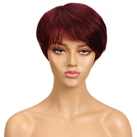 Rebecca Fashion Pixie Cut Wigs With Bangs Red Color Short Straight Human Hair Basic Cap Wig
