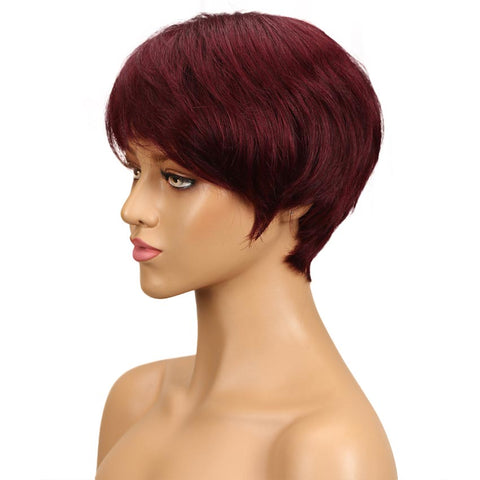 Rebecca Fashion Pixie Cut Wigs With Bangs Red Color Short Straight Human Hair Basic Cap Wig