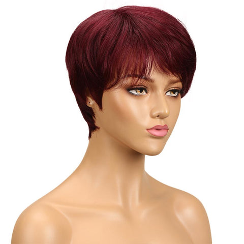 Image of Rebecca Fashion Pixie Cut Wigs With Bangs Red Color Short Straight Human Hair Basic Cap Wig