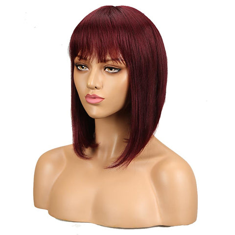 Rebecca Fashion Human Hair Red Wigs 99J Straight Bob Basic Cap Wigs With Bangs