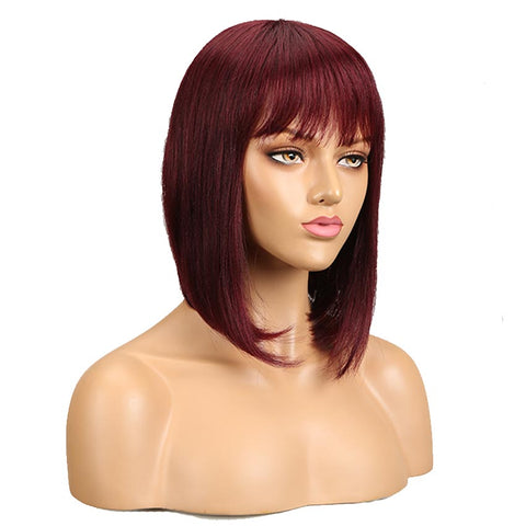 Image of Rebecca Fashion Human Hair Red Wigs 99J Straight Bob Basic Cap Wigs With Bangs