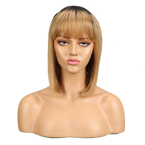 Image of Rebecca Fashion Straight Bob Human Hair Wigs With Bangs 10 inch Black to Blonde Basic Wig Ombre Color
