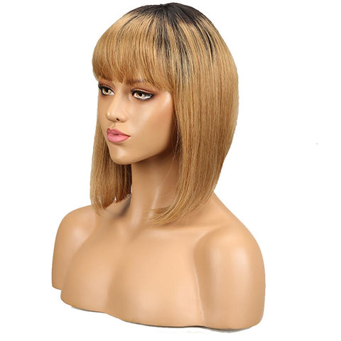Image of Rebecca Fashion Straight Bob Human Hair Wigs With Bangs 10 inch Black to Blonde Basic Wig Ombre Color