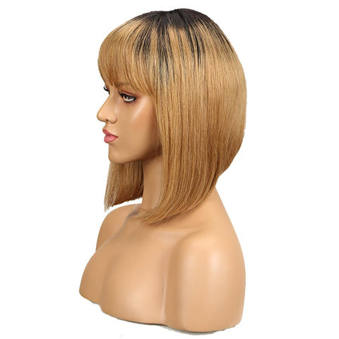 Image of Rebecca Fashion Straight Bob Human Hair Wigs With Bangs 10 inch Black to Blonde Basic Wig Ombre Color