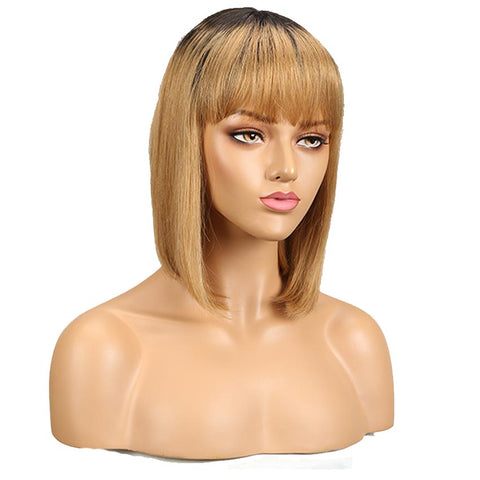 Image of Rebecca Fashion Straight Bob Human Hair Wigs With Bangs 10 inch Black to Blonde Basic Wig Ombre Color