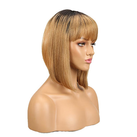 Image of Rebecca Fashion Straight Bob Human Hair Wigs With Bangs 10 inch Black to Blonde Basic Wig Ombre Color