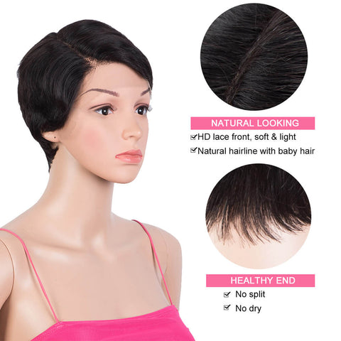 Image of Rebecca Fashion Natural Black Pixie Cut Wigs HD Lace Front Wigs Human Hair Short Straight Boy Cut Wigs for Women