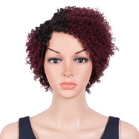 Image of Rebecca Fashion Short Oxygen Curly Human Hair Wigs Side Lace Part Wigs for Black Women Wine Red Color