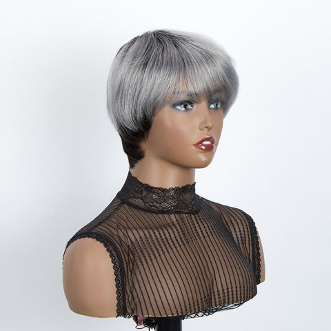 Rebecca Fashion Straight Bangs Style Pixie Cut 9 inch Gray  Short Natural Wigs
