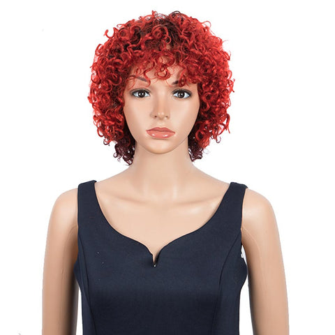 Image of Rebecca Fashion Short Red Ombre Wigs With Bangs Curly Human Hair Pixie Wigs