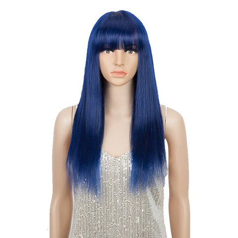 Image of Rebecca Fashion Blue Wig Human Hair No-lace Wigs With Bangs For Women