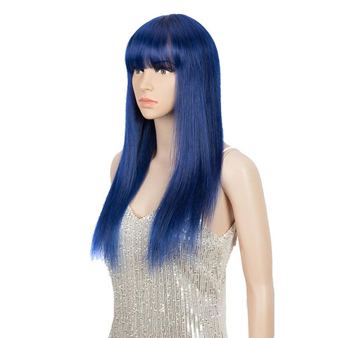 Image of Rebecca Fashion Blue Wig Human Hair No-lace Wigs With Bangs For Women