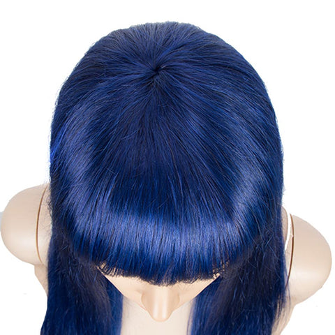 Image of Rebecca Fashion Blue Wig Human Hair No-lace Wigs With Bangs For Women