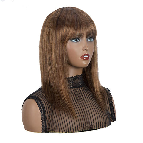 Image of Rebecca Fashion Wig With Bangs Human Hair Brown Color Wigs Straight Hair Basic Cap Wig