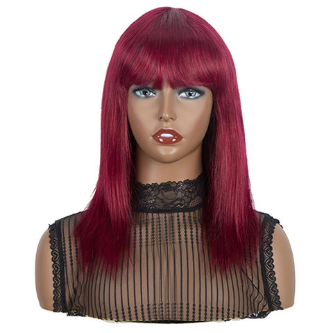 Image of Rebecca Fashion Burgundy Red Straight Human Hair Wigs With Bangs Basic Cap Wigs