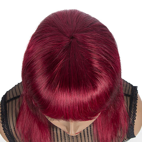 Image of Rebecca Fashion Burgundy Red Straight Human Hair Wigs With Bangs Basic Cap Wigs