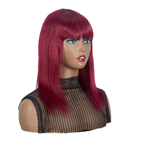 Image of Rebecca Fashion Burgundy Red Straight Human Hair Wigs With Bangs Basic Cap Wigs