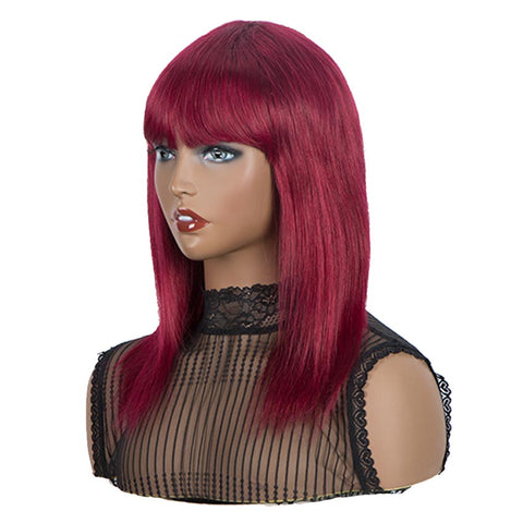 Image of Rebecca Fashion Burgundy Red Straight Human Hair Wigs With Bangs Basic Cap Wigs