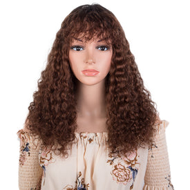 Rebecca Fashion Short Curly Wigs with Curly Bangs Kinky Curly Wigs for Black Women Virgin Remy Wig Can Be Restyled Ombre Brown Color